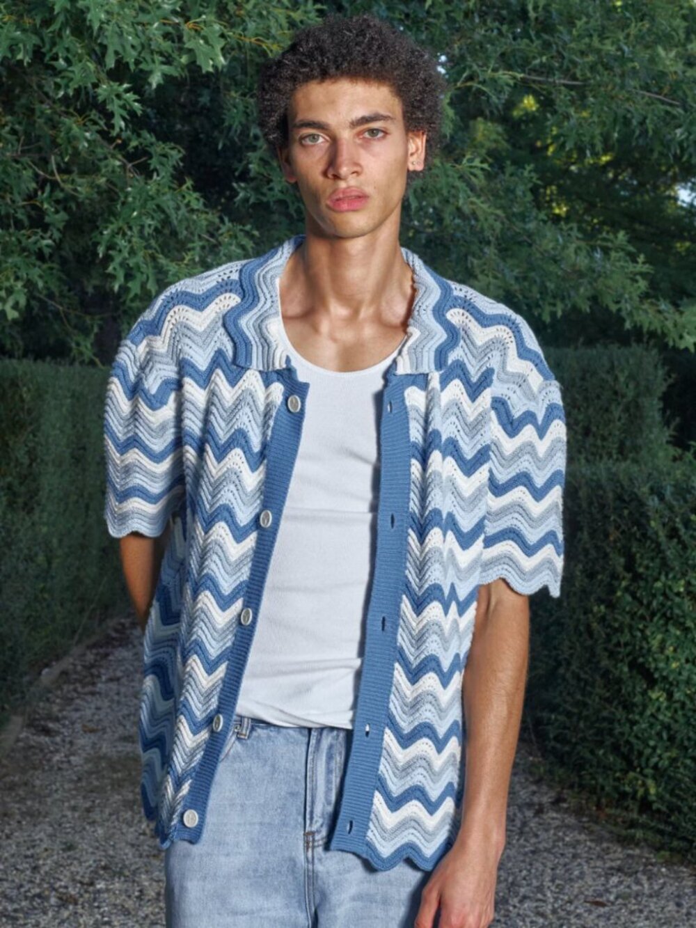 YITAI Blue Azure White Shale Wavy Stitch Cotton Button Up Short Sleeve Shirt